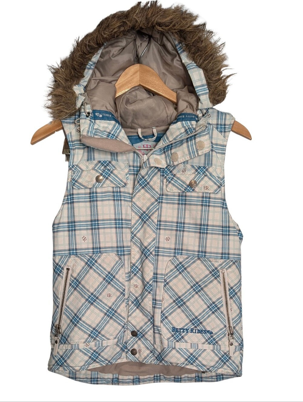 Betty Rides Blue Plaid Hooded Vest. Size Small
